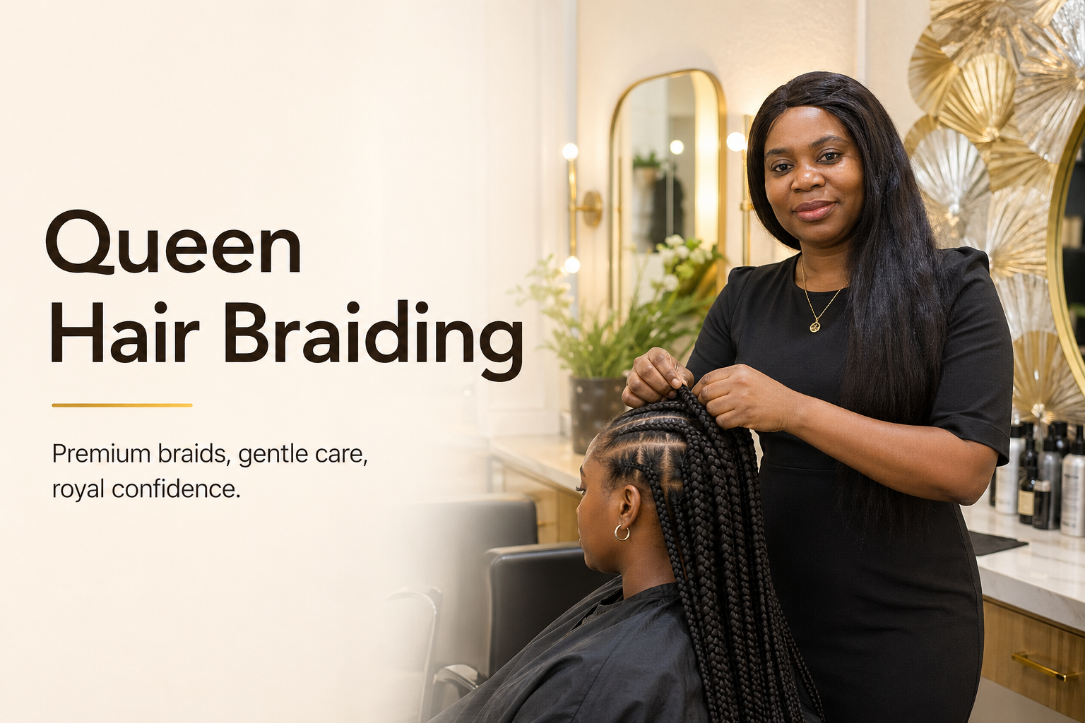 Queen Hair Braiding stylist braiding a customer in a sophisticated salon